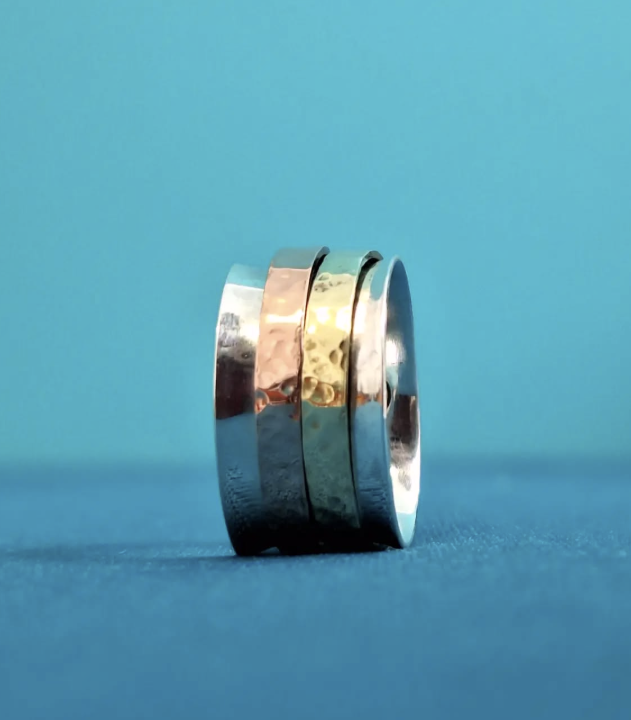 silver spinner ring with copper and brass